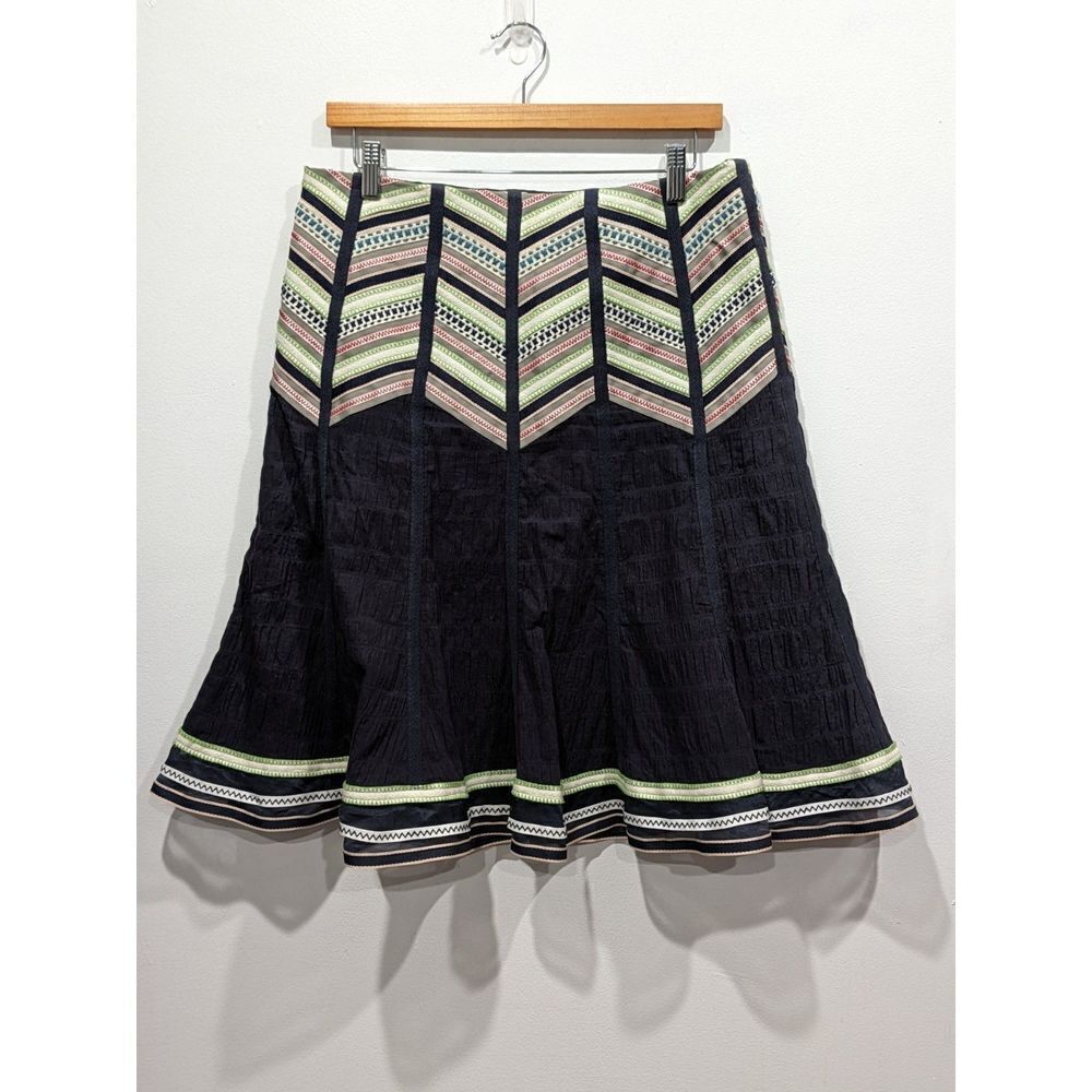Nanette Leopore Navy Cotton Section Chevron Ribbon Embroidered Flare Skirt, 8